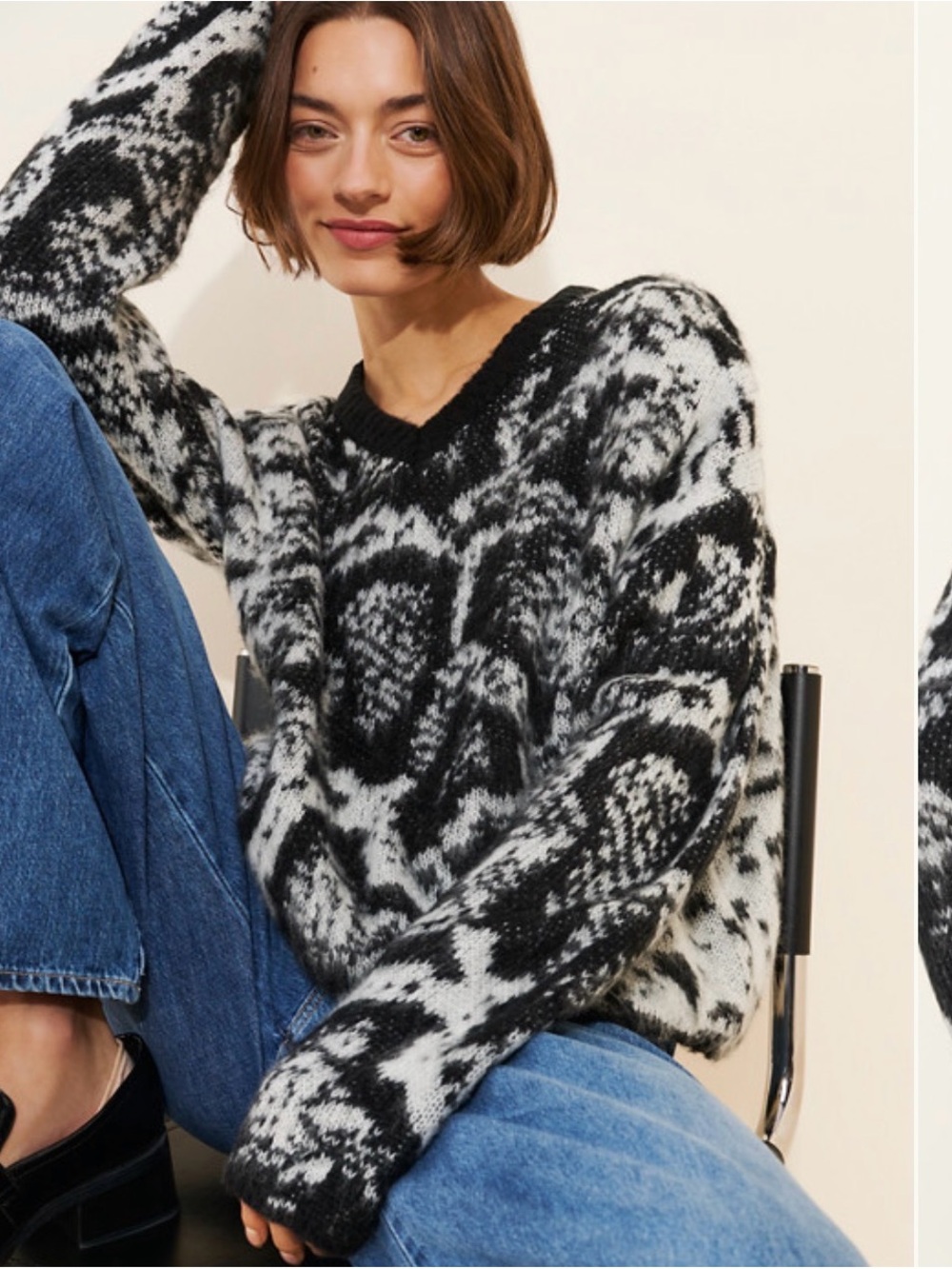 The Ragged Priest Black & White Patterned Crewneck Sweater